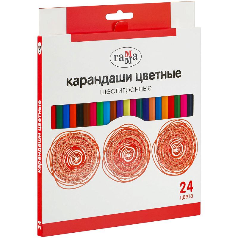 Карандаши цветные Гамма, 24цв., шестигранные, заточен., картон. упаковка, европодвес
