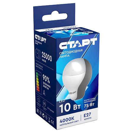 Лампа светодиодная Старт LED, серия "ЭКО" 10W40, тип А "груша", E27, 4000К, холодный свет, 15000ч