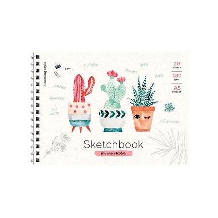 Скетчбук-блокнот для акварели 20л., А5 ArtSpace "Cute plants", на гребне, 180г/м2