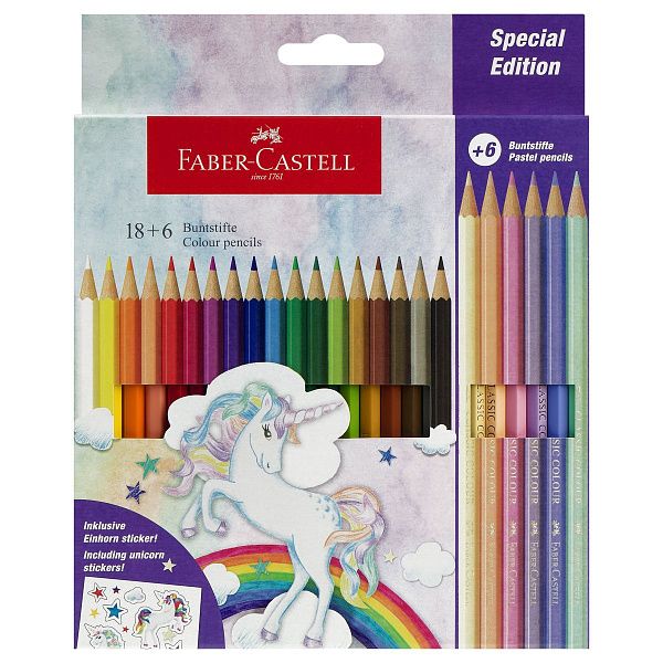 Карандаши цветные Faber-Castell "Unicorn", 18цв., шестигр., заточ.+6 паст. цв., картон, европодвес