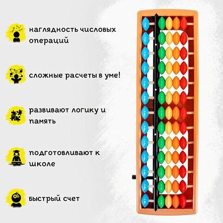 Счеты Абакус (соробан) радужные ЮНЛАНДИЯ "Ментальная арифметика", 13 разрядов кнопка обнуления, 106239 