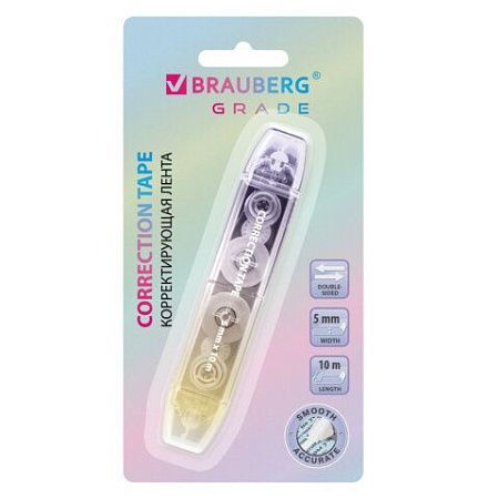 Корректирующая лента двусторонняя BRAUBERG "GRADE PASTEL", 5 мм x 10 м, корпус ассорти, блистер, 273025