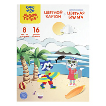 Набор А4 цв. немел. картона, 8л., 8цв. и цв. двустор. газет. бумаги, 16л., 16цв., Мульти-Пульти "Енот в России", на склейке