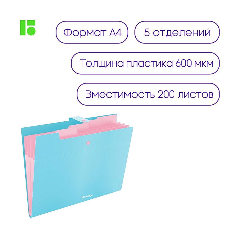 Папка 5 отделений Berlingo "Haze", А4, 600мкм, на кнопке, голубая, софт-тач 