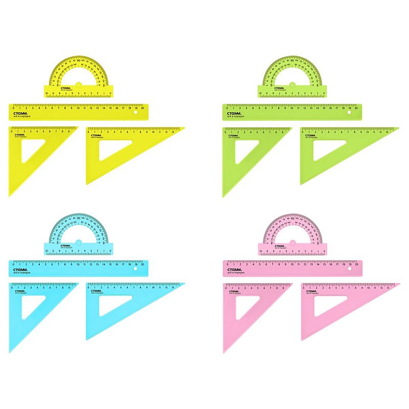 Набор чертежный СТАММ, размер M (линейка 20см, 2 треугольника, транспортир), прозрачный, неоновые цвета, ассорти, европодвес