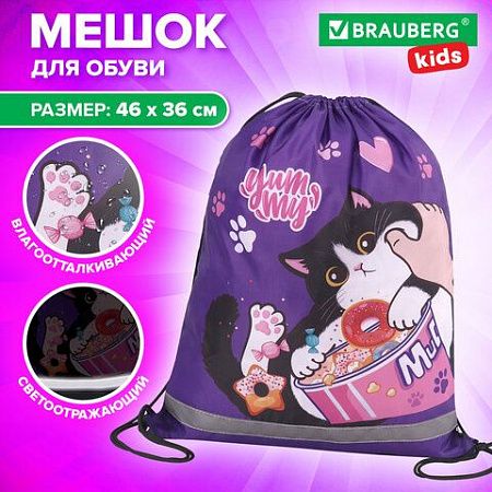 Мешок для обуви BRAUBERG KIDS, с петлей, светоотражающая полоса, 46х36 см, Sweet cheeks, 272390 