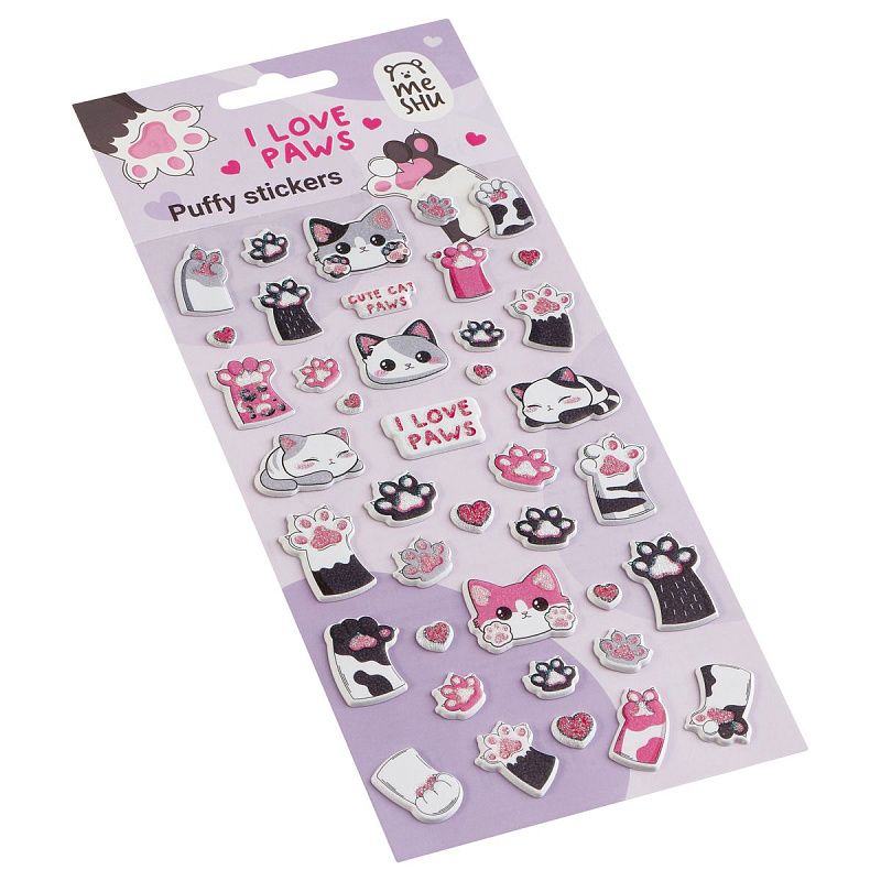 Наклейки объемные MESHU "Love Paws", 10*23см, с блестками, инд. уп., европодвес