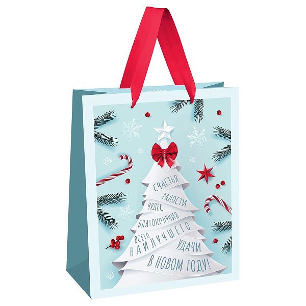 Пакет подарочный 18*23*10см MESHU "Рождественская елочка",  матовая ламинация