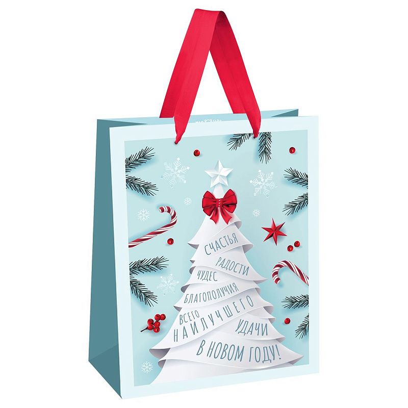 Пакет подарочный 18*23*10см MESHU "Рождественская елочка",  матовая ламинация