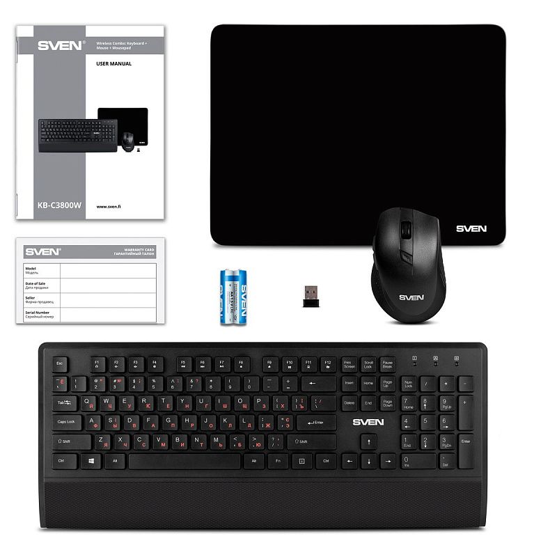 Комплект беспроводной клавиатура + мышь + коврик Sven KB-C3800W, USB, черный