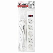 Сетевой фильтр SONNEN SPW-305, 5 розеток с заземлением, выключатель, 10 А, 3 м, белый, 513654