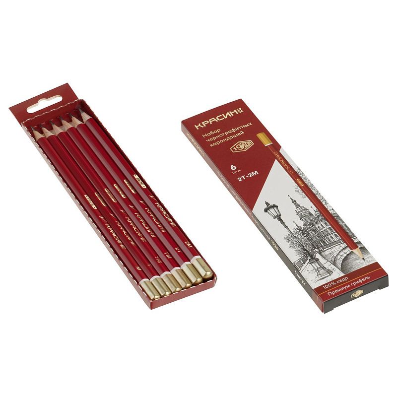 Набор карандашей ч/г Красин "1926" 6шт., 2Т(H)-2М(B), кедр, заточен., карт.пенал, европодвес 