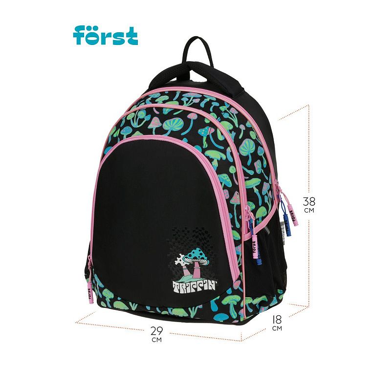 Рюкзак Först F-JUNIOR "Mushrooms" 38*29*18см, 3 отделения, 2 кармана, эргономичная спинка 
