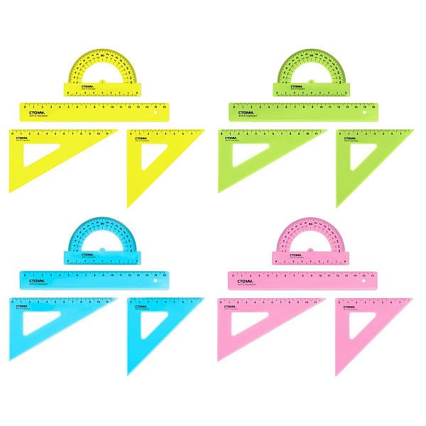 Набор чертежный СТАММ, размер S (линейка 16см, 2 треугольника, транспортир), прозрачный, неоновые цвета, ассорти, европодвес
