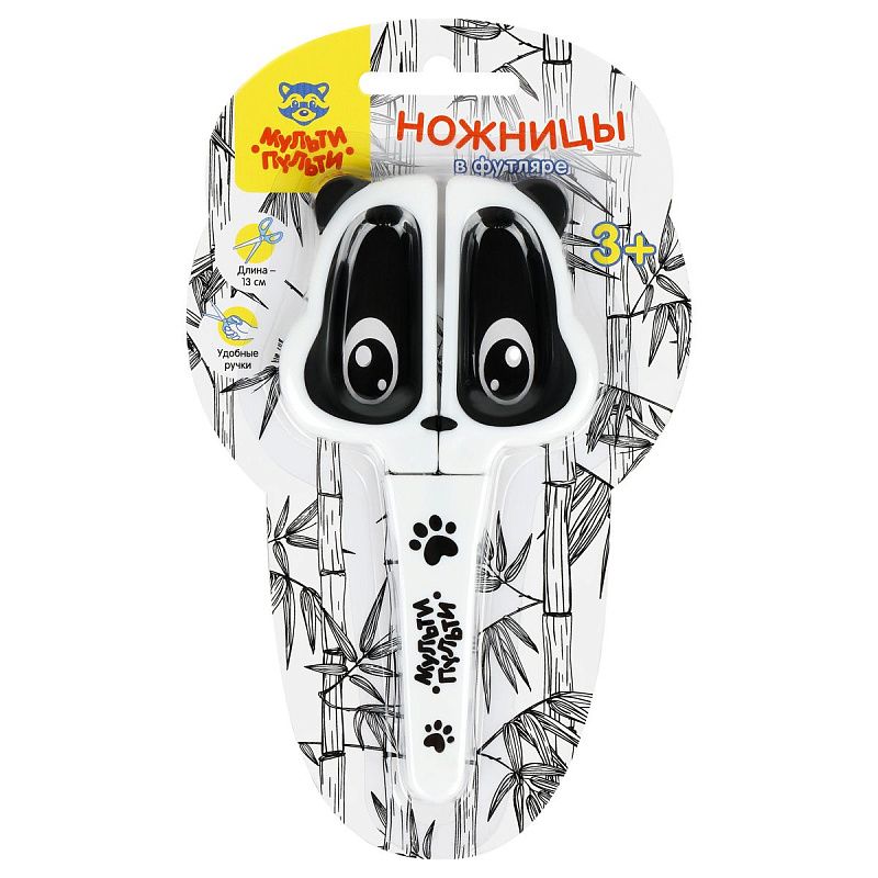 Ножницы детские Мульти-Пульти "Приключения Енота" 13см, фигурные ручки "Панда", в футляре, блистер с европодвесом 