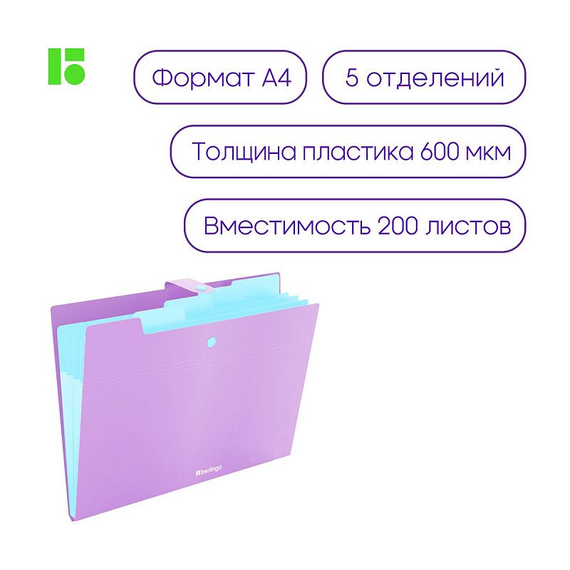 Папка 5 отделений Berlingo "Haze", А4, 600мкм, на кнопке, сиреневая, софт-тач 