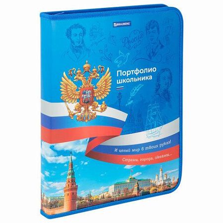 Папка-портфолио школьника, А4, на молнии, 8 вкладышей, обложка твердая, СИМВОЛИКА, BRAUBERG, 115243 