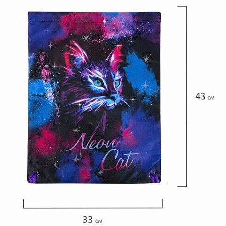 Мешок для обуви BRAUBERG PREMIUM, карман, подкладка, светоотражайка, 43х33 см, "Neon cat", 271621 