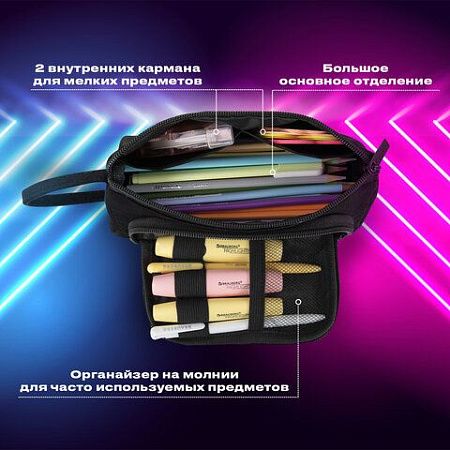 Пенал-косметичка BRAUBERG с ручкой, 1 откидная планка, полиэстер, 22x10х8см, Black, 272339 