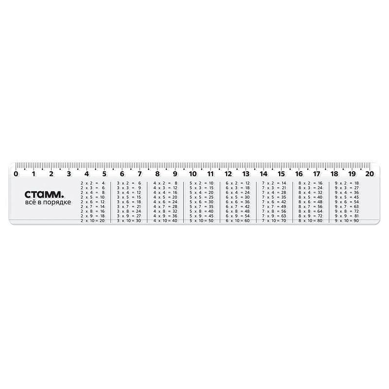 Линейка 20см СТАММ "Таблица умножения", со справочным материалом, пластиковая, прозрачная, бесцветная