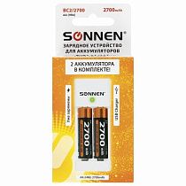 Зарядное устройство с аккумуляторами 2 шт. AA (HR6), 2700 mAh, SONNEN BC2, в блистере, 454239