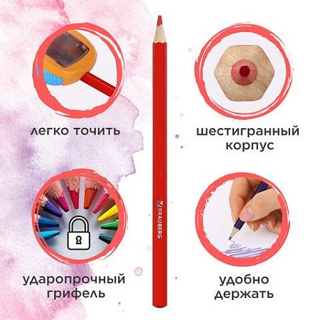 Карандаши цветные акварельные BRAUBERG "АКАДЕМИЯ", 12 цветов, шестигранные, высокое качество, 181398