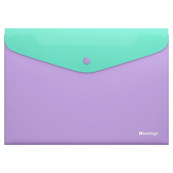 Папка-конверт на кнопке Berlingo "Haze" А4, 200мкм, софт-тач, с цветным клапаном, мятная/сиреневая