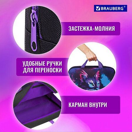 Папка на молнии с ручками BRAUBERG А4, 1 отделение, полиэстер, 80 мм, "Neon cat", 271482 