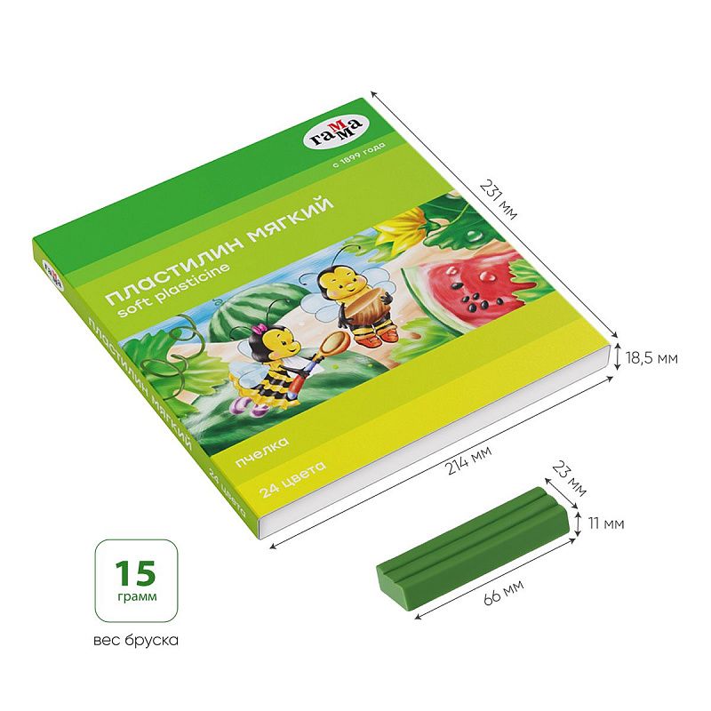 Пластилин восковой мягкий Гамма "Пчелка", 24 цвета, 360г, со стеком, картон. упаковка