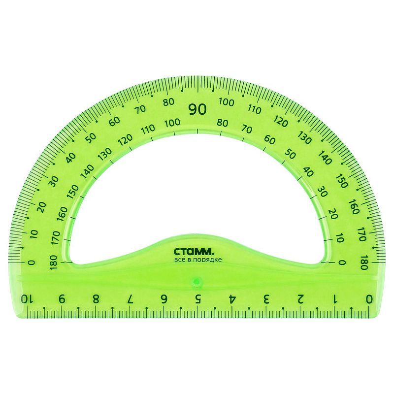 Транспортир 10см, 180° СТАММ, пластиковый, гибкий, прозрачный, зеленый, европодвес 