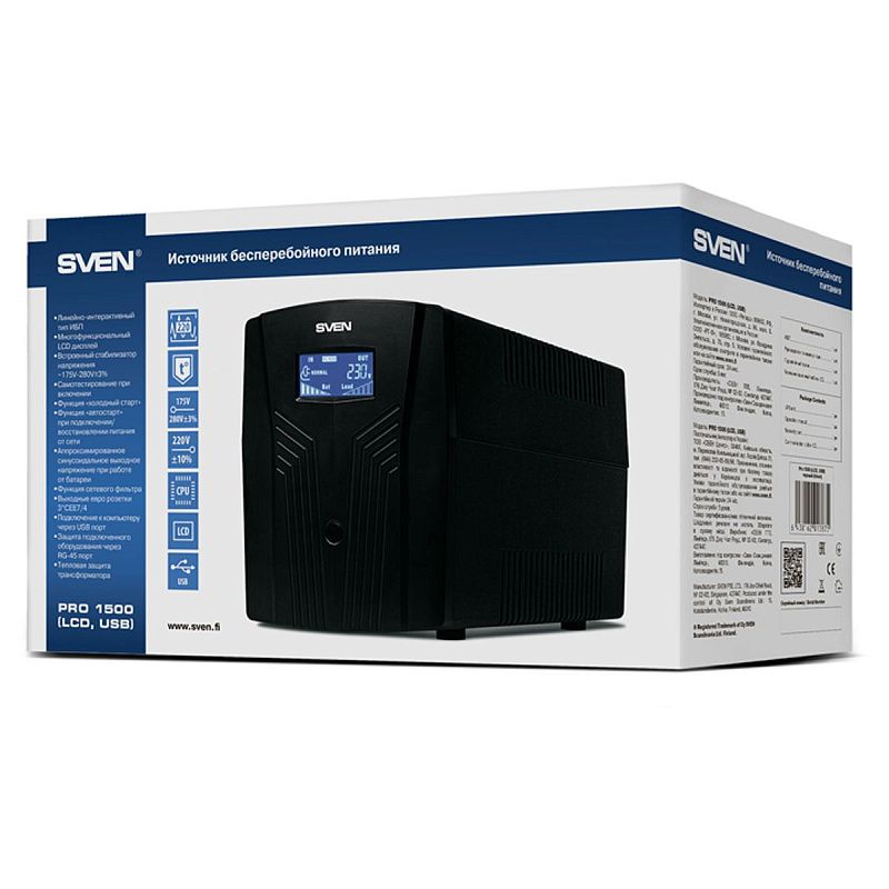 Источник бесперебойного питания Sven PRO 1500, 3 розетки, 1500ВA, 900Вт, LCD дисплей, черный