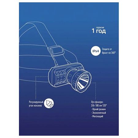 Фонарь налобный аккумуляторный КОСМОС 3 Вт LED, Li-ion, заряд от USB, KocAcHead3W
