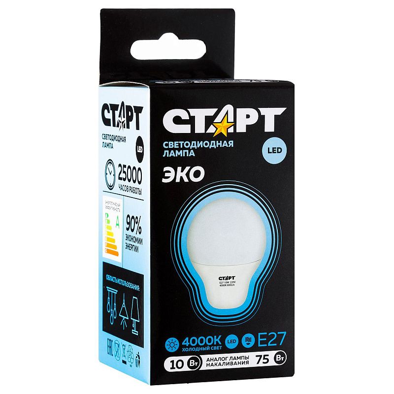 Лампа светодиодная Старт LED, серия "WS" 10W40, тип А "груша", E27, 4000К, нейтральный свет, 25000ч