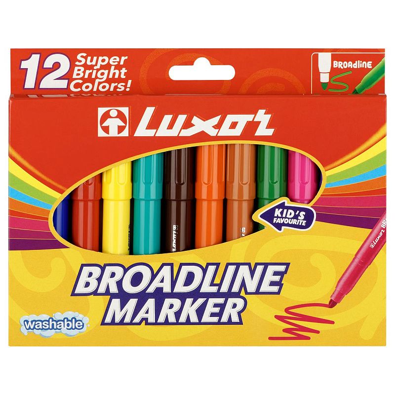 Фломастеры Luxor  "Broadline", 12цв., утолщенные, смываемые, картон, европодвес