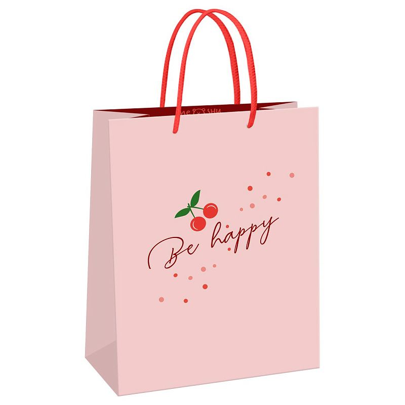 Пакет подарочный 11*14*6,5см MESHU "Cherry", блестки,  матовая ламинация