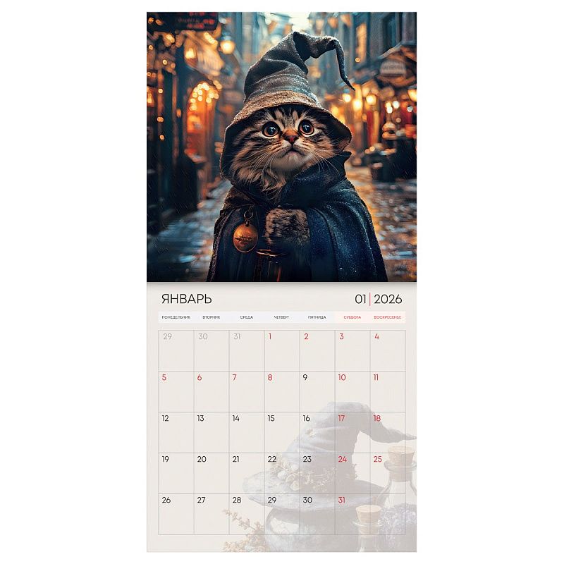 Календарь настенный перекидной на скрепке, 230*230 мм 12л. BG "Коты-волшебники", 2026г.