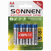 Батарейки КОМПЛЕКТ 4 шт., SONNEN Super Alkaline, АА (LR6,15А), алкалиновые, пальчиковые, блистер, 451094