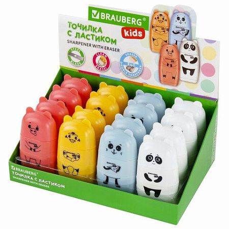 Точилка с ластиком 2 в 1 BRAUBERG KIDS "Зверушки", 2 отверстия, дизайн ассорти, 271989 