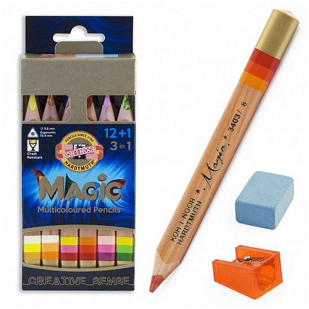 Карандаши с многоцв. гриф. Koh-I-Noor "Magic", 13цв., утолщен, заточ, точилка+ластик, картон, европодвес
