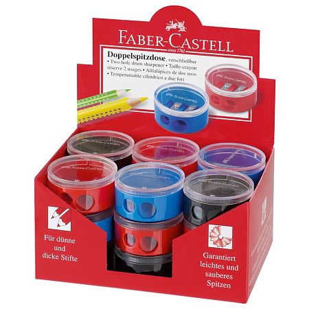 Точилка пластиковая Faber-Castell 2 отверстия, контейнер, красная/синяя 