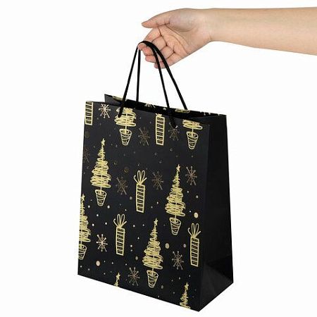 Пакет подарочный (1 штука) новогодний 26x13x32 см, ЗОЛОТАЯ СКАЗКА "Black&Gold", фольга, чёрный, 608236