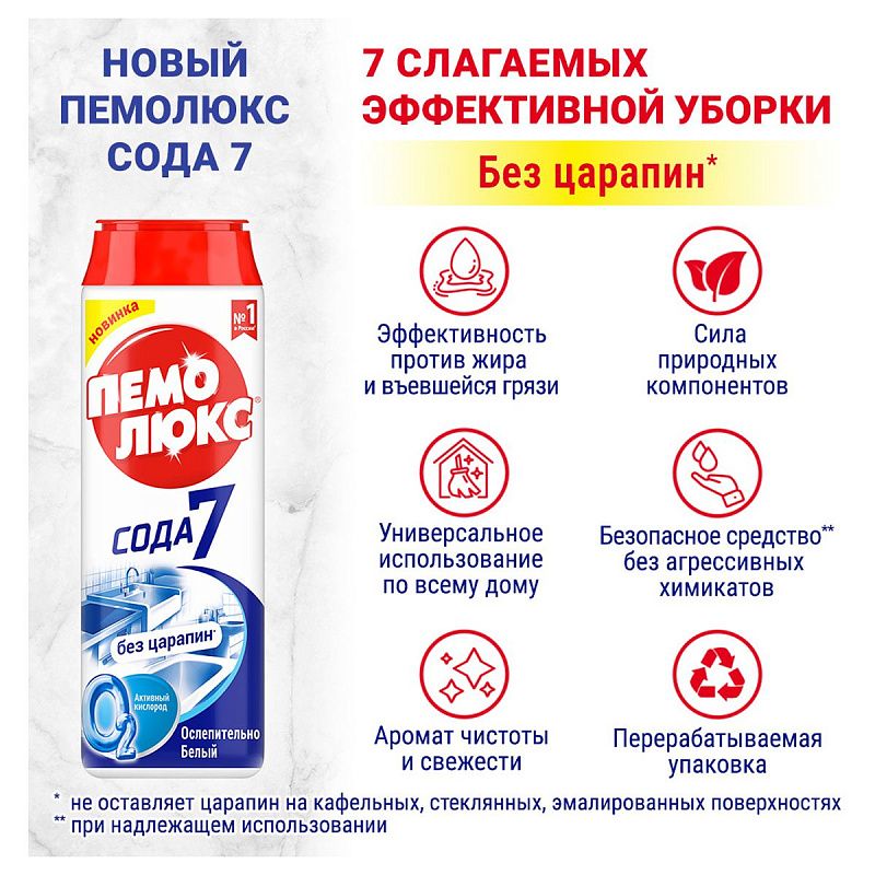 Средство чистящее Пемолюкс "Сода 7 Extra. Ослепительно белый", порошок, 480г 