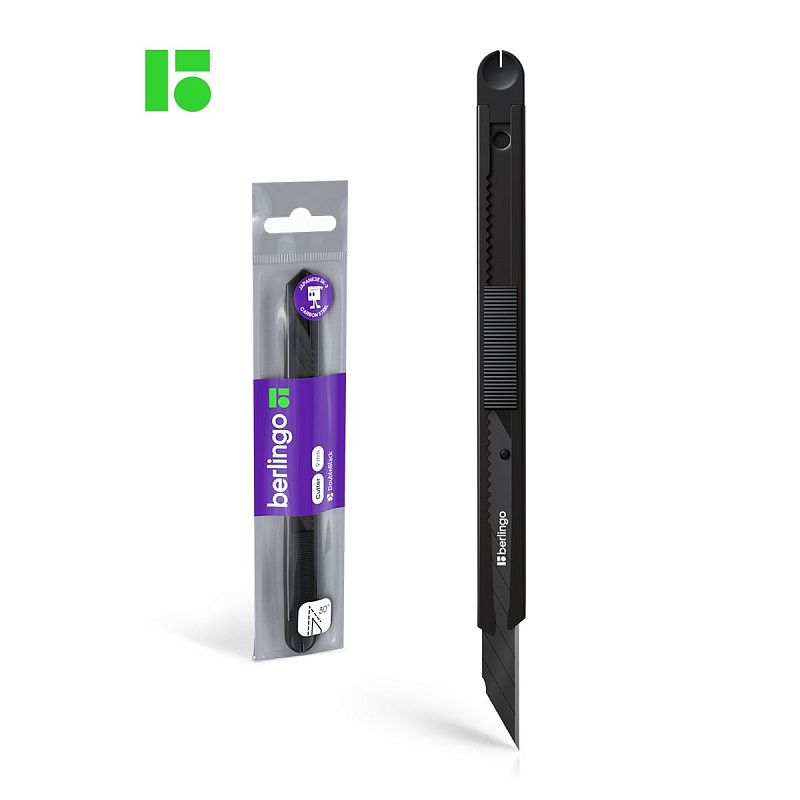 Нож канцелярский 9мм Berlingo "DoubleBlack", auto-lock, металлический корпус, европодвес