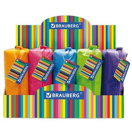Пенал-косметичка BRAUBERG, ассорти 5 цветов, "Радуга", 20х6х4 см, дисплей, 223267 