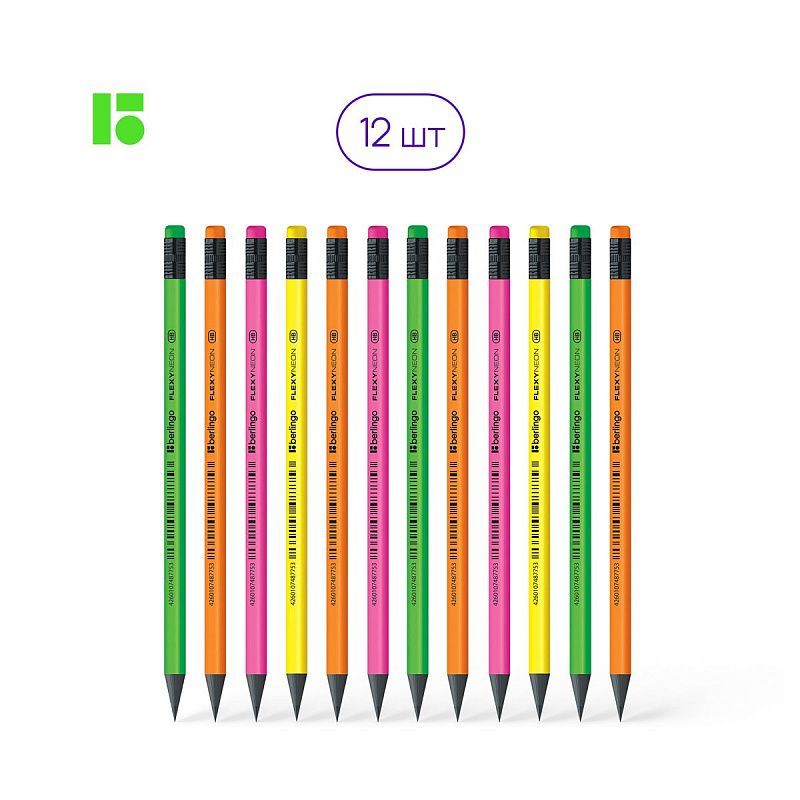 Карандаш ч/г Berlingo "Flexy Neon" HB, с ластиком, заточен., пластиковый, ассорти 