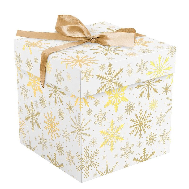 Коробка складная подарочная MESHU "Снежинка", (15*15*15см), с лентой, отд фольгой