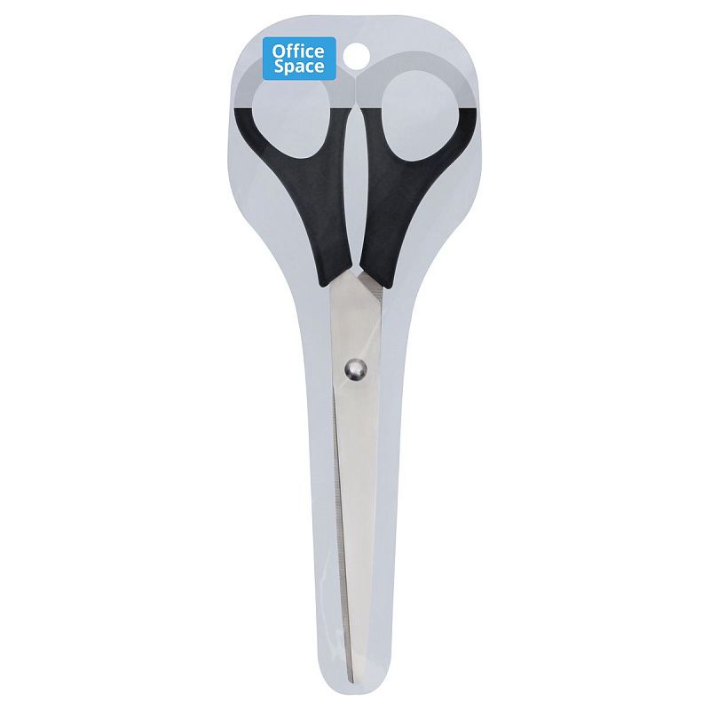 Ножницы OfficeSpace 20см, черные ручки, ПВХ чехол с европодвесом