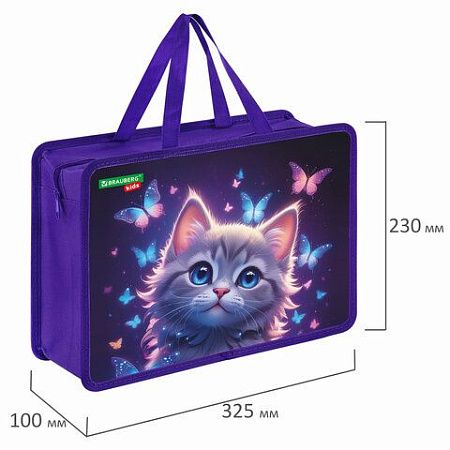 Папка на молнии с ручками BRAUBERG KIDS А4, 1 отделение, пластик, 100 мм, "Curious cat", 273376 