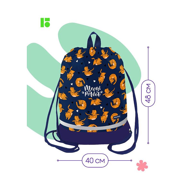 Мешок для обуви 1 отделение Berlingo "Meow power", 400*480мм, расширяющееся дно, светоотражающая лента, карман на молнии 