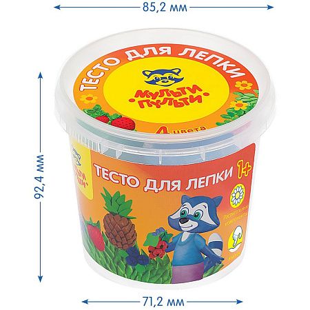 Тесто для лепки Мульти-Пульти "Енот на каникулах", 04 цвета*60г, пластиковый стакан